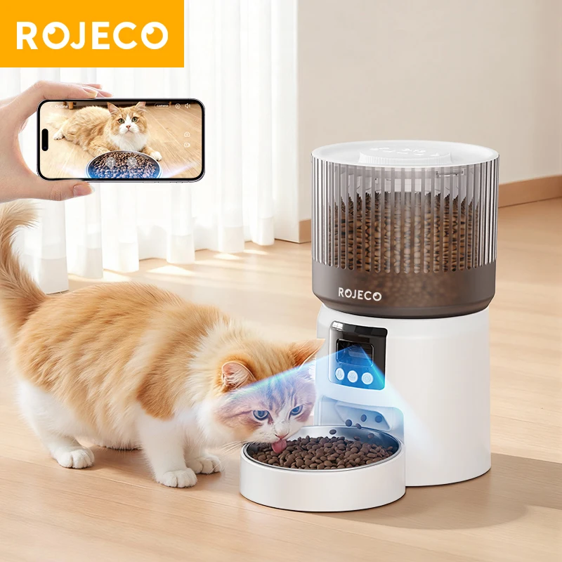ROJECO 4L Automatic Dog Feeder with 1080P HD Camera Video Cat Feeder WiFi APP Remote Control Smart Pet Food Kibble Dispenser