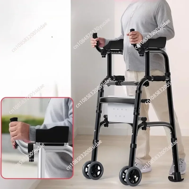 Upright Walker with Seat for Seniors Elderly Foldable Double Arm Stand Up Aid Mobility Rehabilitation Equipment Crutch Chair