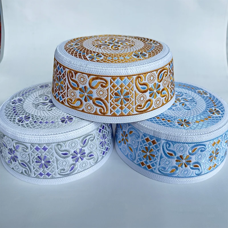 Chapéu Muçulmano Yarmulke 55-60, Chapéu Islâmico Masculino de Topo Plano Bordado, Chapéu de Oração Muçulmano, Turbante para Festas de Negócios, Aniversário e Casamento