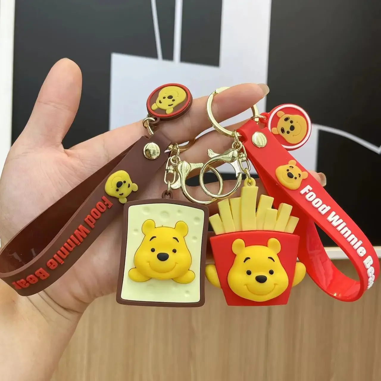 

Cartoon French fries hamburgers Winnie the Pooh Bear figures model Trinket Key Chain PVC Doll KeyChain bag Pendant ornament gift