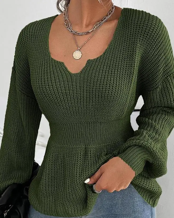 Women Sweater 2024 Spring Fashion Lantern Sleeve V-Cut Plain Long Sleeve Casual Daily Chunky Knit Pulloner Sweater