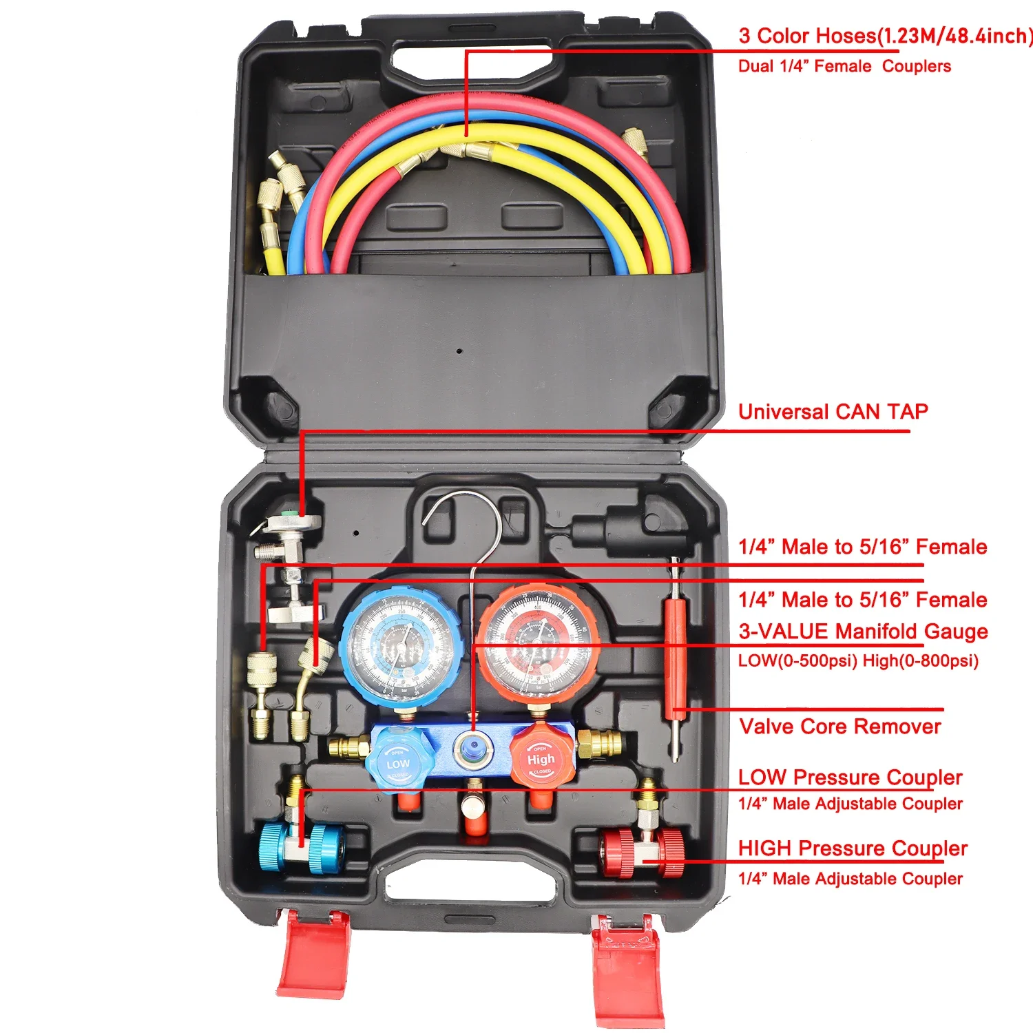 3Way AC Gauge AC Manifold Gauge Set for R134A R22 R410a Refrigerant Freon Gauges with Hoses, Couplers Can Tap Works on Car Auto