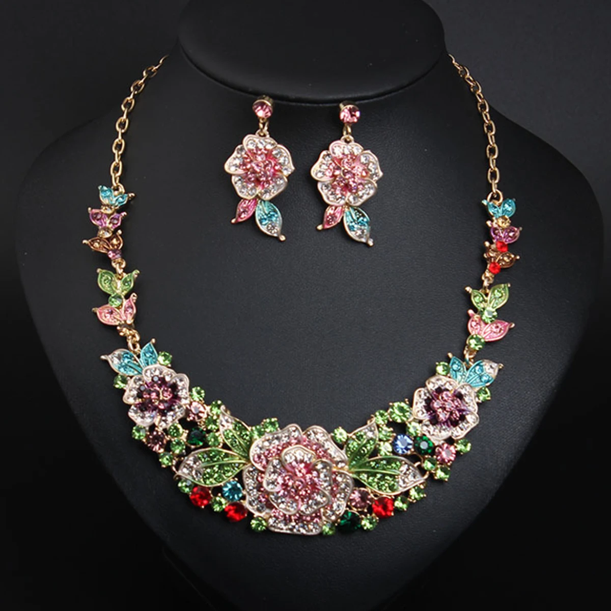 

Super Flash Crystal Jewelry Set Colored Flowers Trendy Necklace Earrings Set for Women Banquet Gifts Wedding Accessory Wholesale