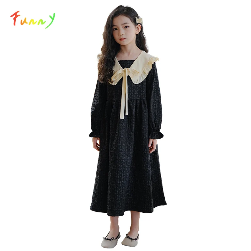 Vintage Jacquard Maxi Girls Dress Kids Long Sleeve Peter Pan Collar French Girls Casual Dresses Cute Lace-up Princess Clothes