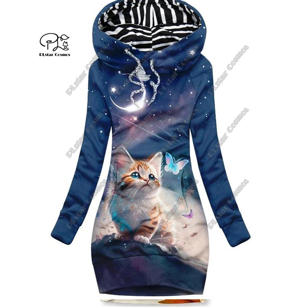 

PLstar Cosmos 3D printed women's long sweatshirt dress animal series cute cat pattern casual slimming series M-1