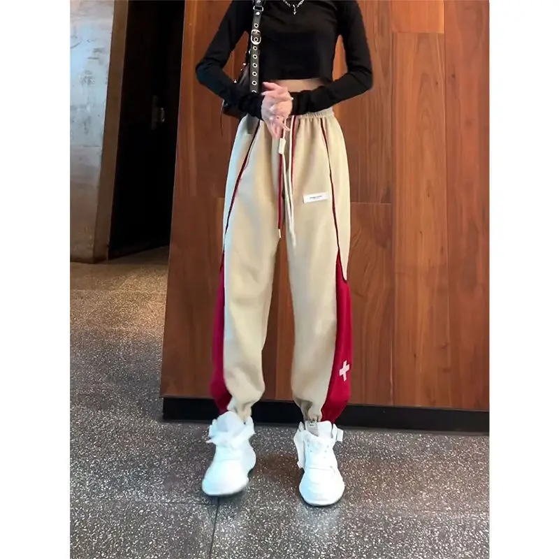 Frühling Herbst Casual Farbe Kontrast Bandage Jogginghose Alle-spiel Appliques Taschen Lose Patchwork Harem Jogger Hosen Trend