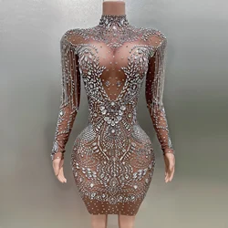 Sexy Sheath Mini Dress Flashing Luxury Rhinestones Tassel Birthday Evening Party Nightclub Singer Performance Costume Stage Wear