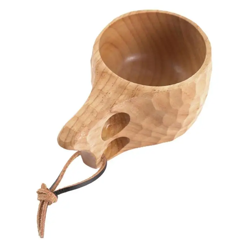 Finland Kuksa Portable Coffee Mug Rubber Wood Handle Two Hole Cowhide Rope Hook Juice Milk Tea Coffee Drinking Cup Drinkware