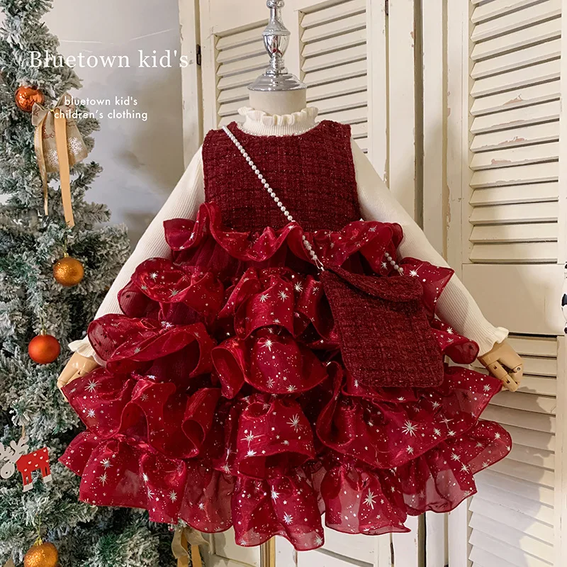 

Girls' Winter New Bowknot Sequin Stylish Knitted Sleeveless Fleece Dress Two-Piece Set