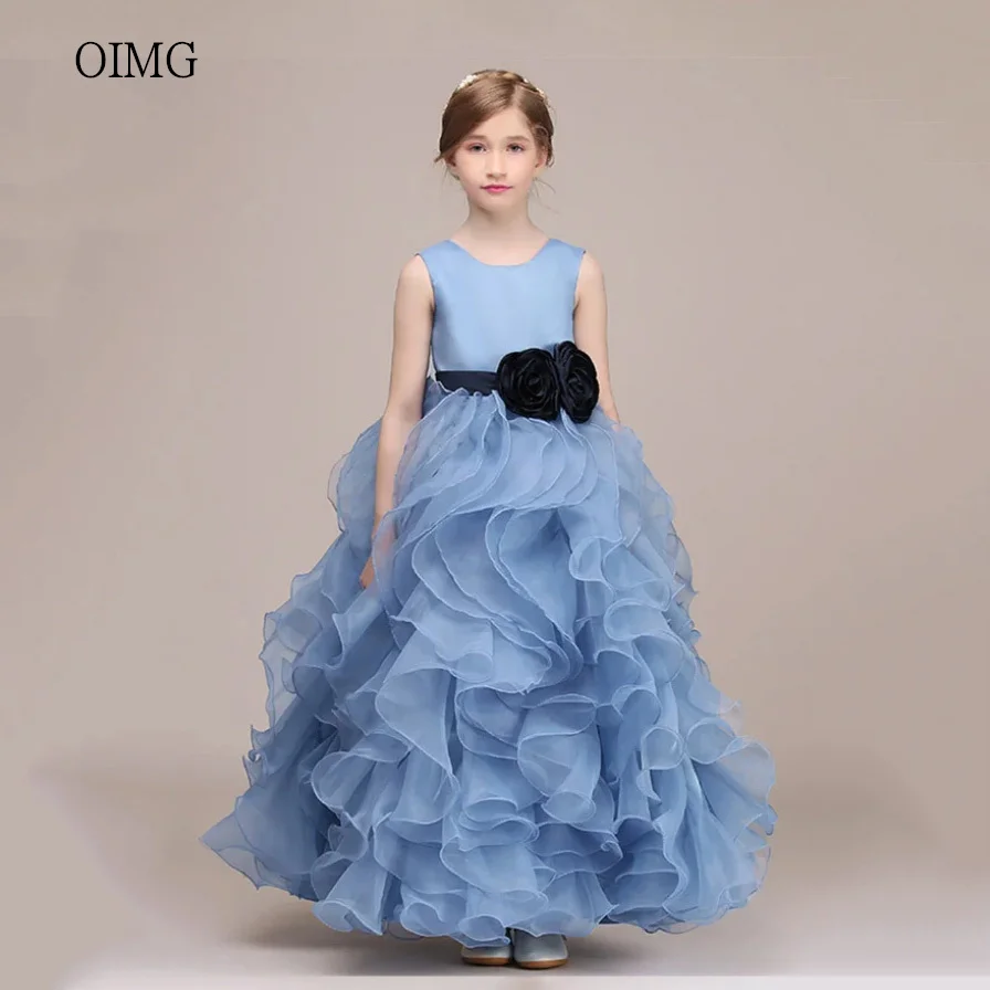 

OIMG Blue Ball Flower Girl Dresses O Neck Gown Wedding Party Dress Bow Tea Length Princess Birthday Dress Customized