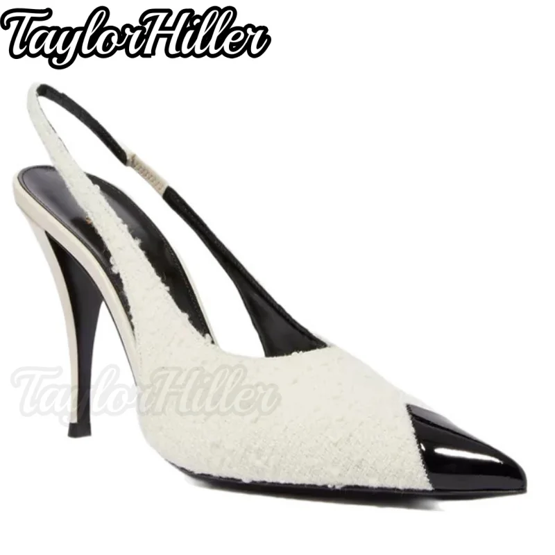 White Furry Patchwork Heeled Sandals Shallow Slip On Pull On Stiletto Heels Metal Golden Black Toe Women Back Strap Shoes 2026