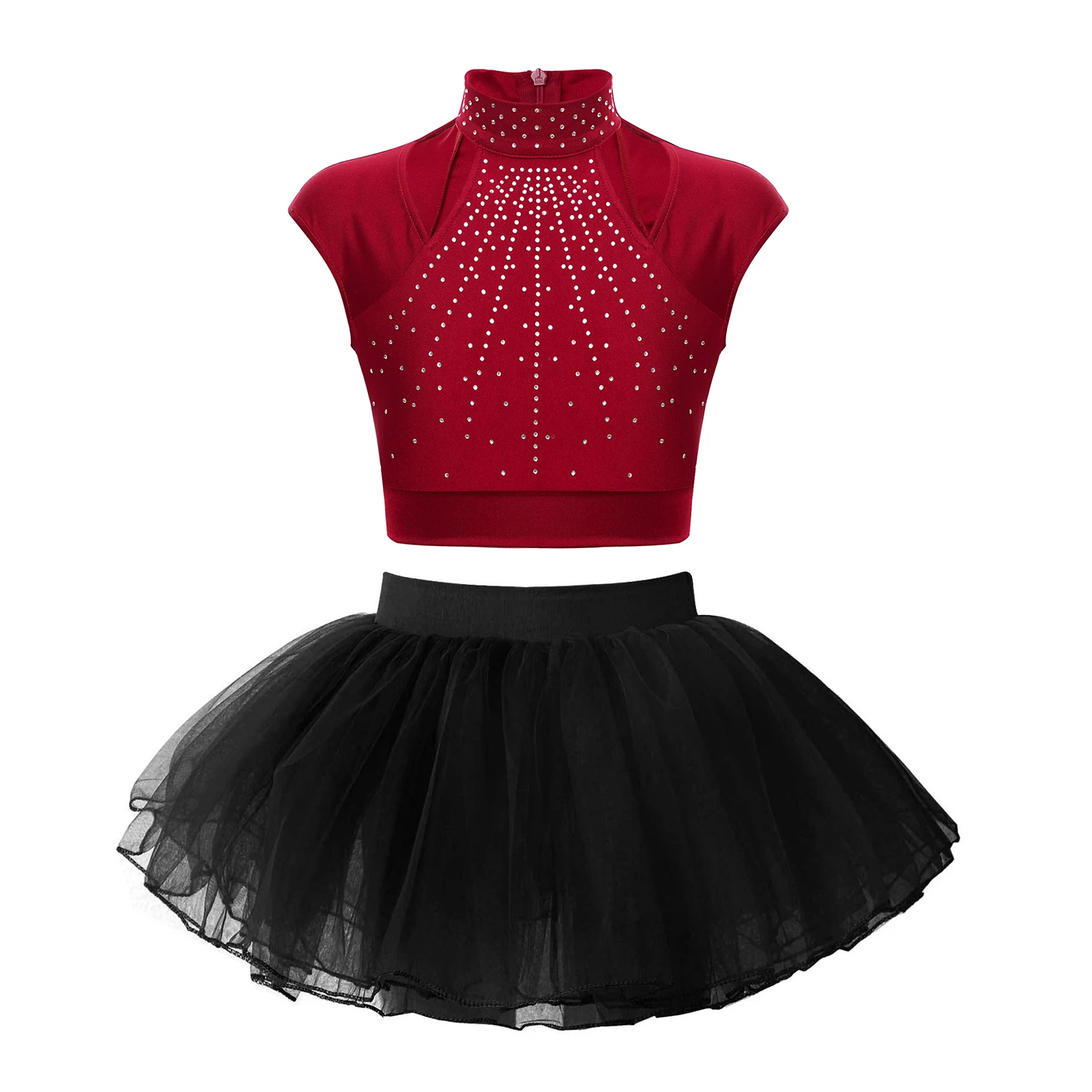 

Kids Girls Dance Performance Outfit for Ballet Lyrical Dance Sleeveless Cutout Shiny Rhinestones Crop Top with Mesh Skirt 2Pcs