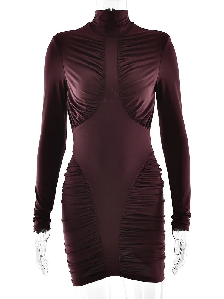 Chaxiaoa مثير كم طويل عارية الذراعين عالية المرونة فستان محكم التفصيل المرأة أنيقة نصف عالية الرقبة فساتين نادي الحفلات خريف شتاء جديد #6