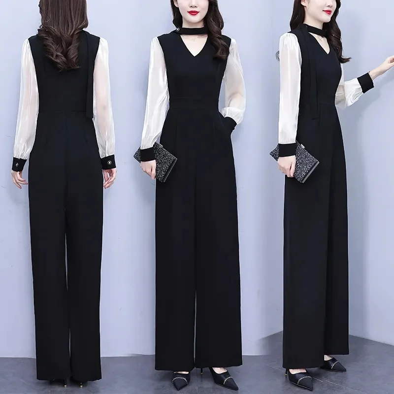 Temperament Goddess Fan Women's High-end Luxury Fashion Jumpsuit Wide-leg Pants 2024 Spring and Summer New Black Slim Jumpsuit