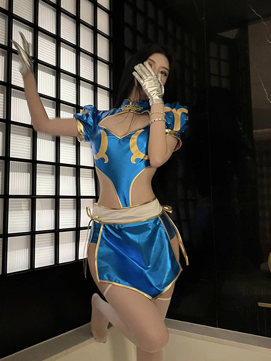 Chun Li 코스프레 의상, 블루 섹시 치파오 게임 유니폼, 여성 할로윈 카니발 파티 드레싱