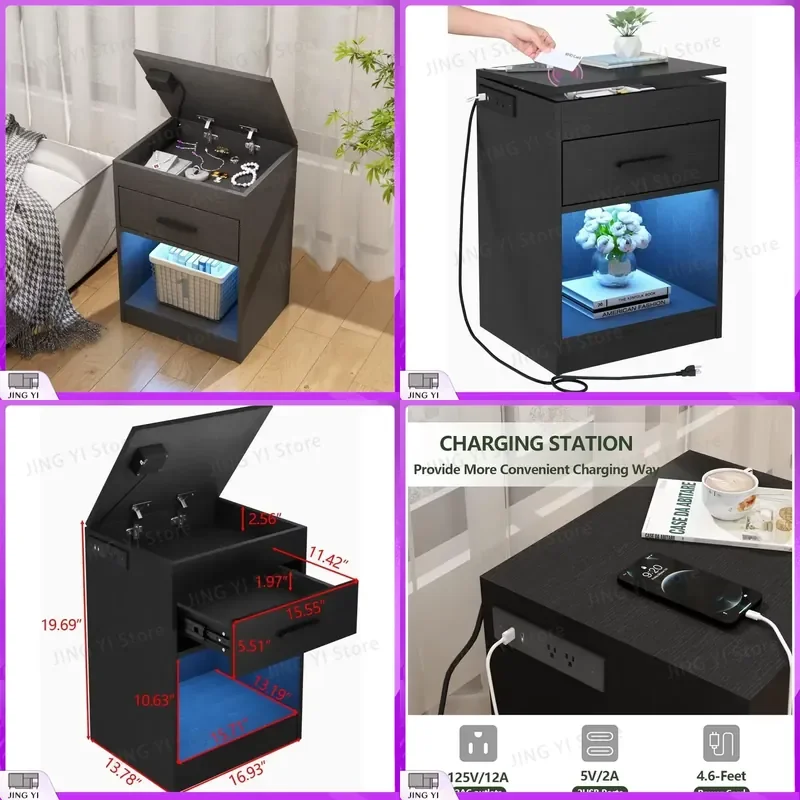 LED Nightstand with USB Charging Station RFID Lock Cabinet Power Outlets Bedroom Side Table Modern Concealed Lighting