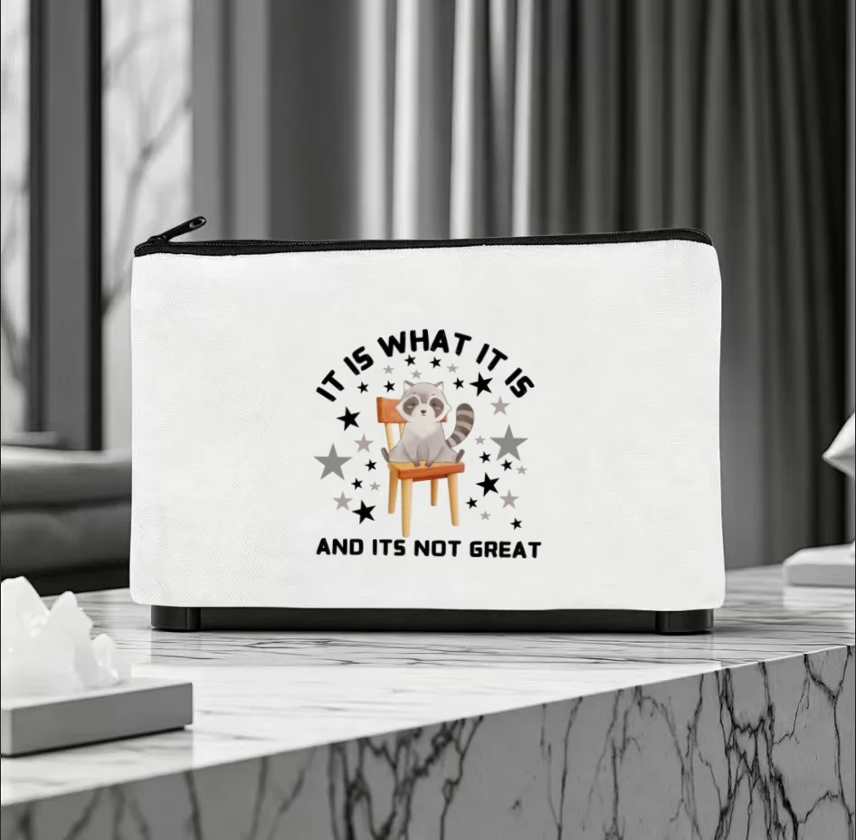 1PC It Is What It Is Sad Raccoon On Chair Star Print Canvas Cosmetic Bag Double Sided Portable Travel Zipper Pouch