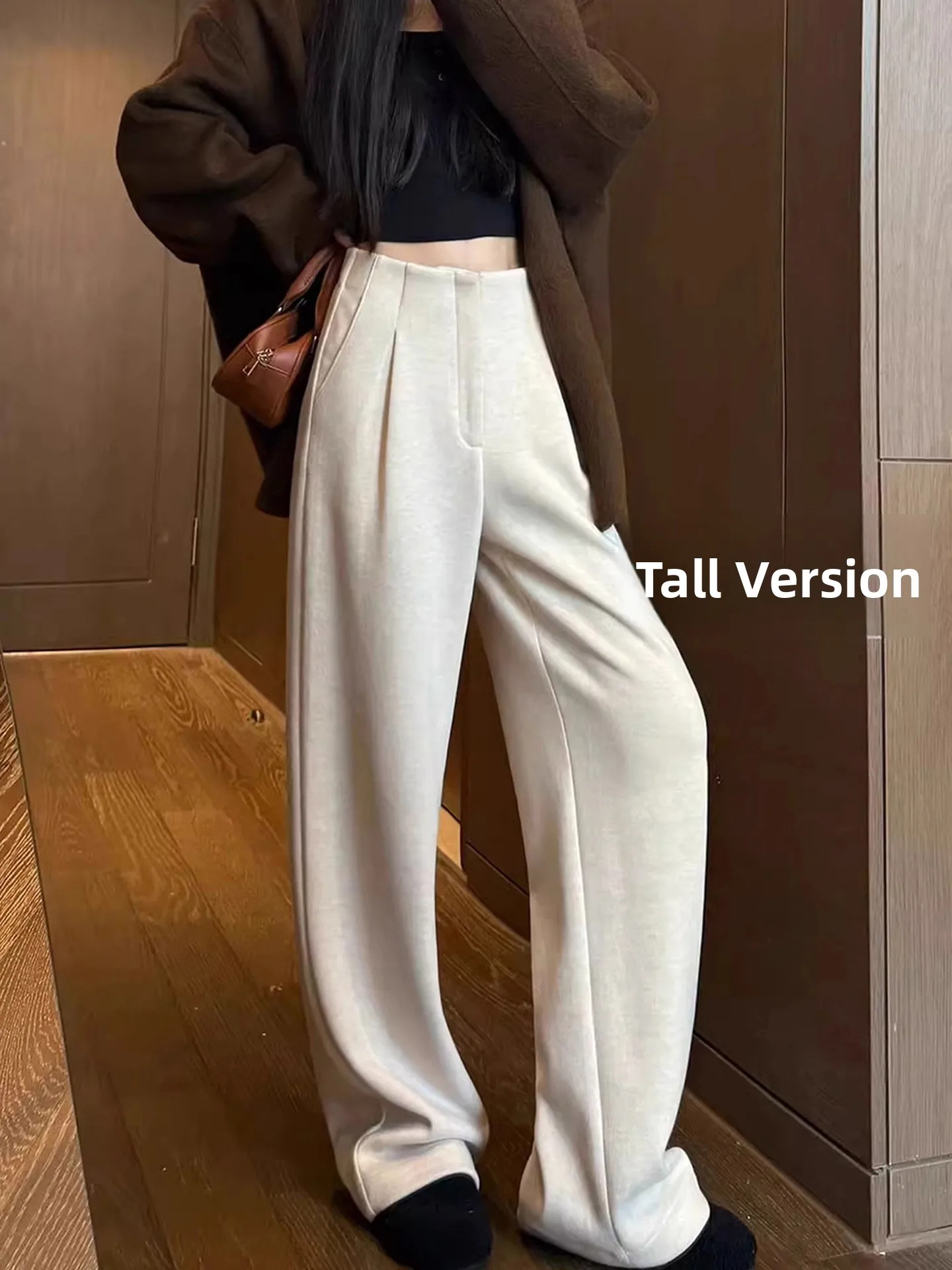 Extended High Waist Drapey Wide Leg Pants Women's Suiting Casual Straight Rice Noodles Pants Trousers Pure Color Pleated