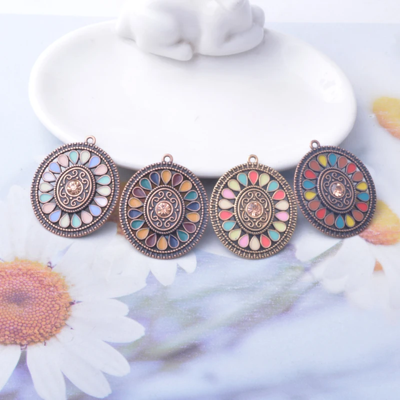 10 Stück Emaille-Oval-Blumenanhänger aus Legierung, bunt, antikgoldfarben, im böhmischen Stil, Anhänger für DIY-Schmuckherstellung, Ohrringe. – Detail 1