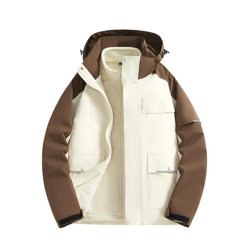 Autumn Winter 3-in-1 Jacket Casual Outdoor Mountaineering Windproof  Detachable Hat Coat Warm Inner Lining with Velvet Men Wear