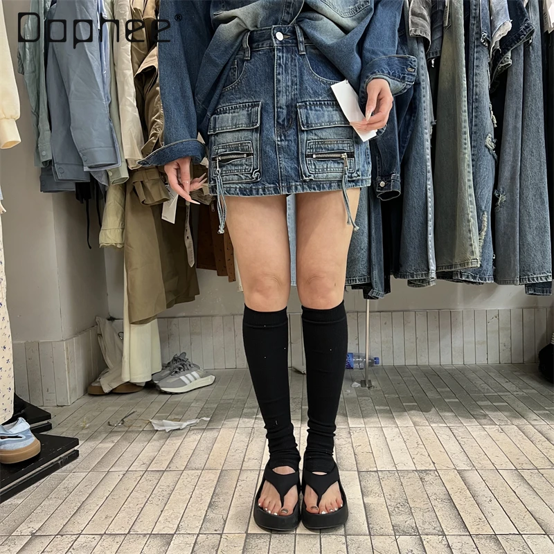 Spring New Korean Fashion Hot Girl Y2K Loose Slim Denim Skirt High Waist Double Pocket Jean Skirt Women Sweet Cool A-line Skirts
