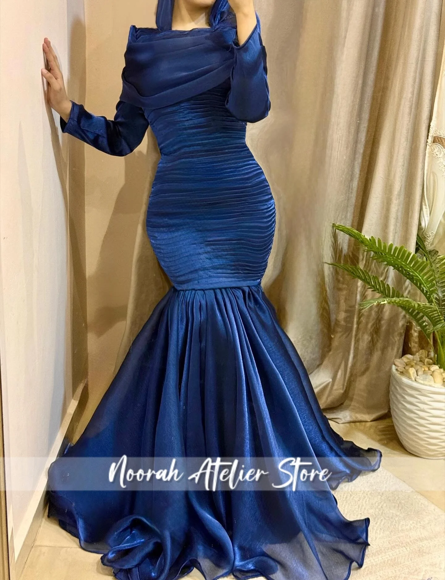New Elegant Blue High-Neck Evening Dresses Long Sleeves Prom Mermaid Muslim Formal Gown For Woman robe de bal Dubai Customized