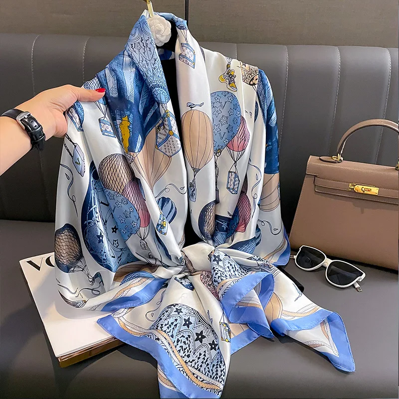 

The Four Seasons Design Shawl Fashion Satin Finish Lrage Scarves Luxury Brand 180X90CM Warm Hijab Women Popular Print Silk Scarf