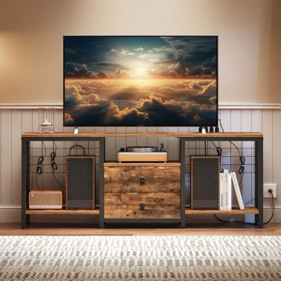 

TV Stand with Power Outlet for 60 Inch TV Fabric Drawers Open Shelves Cable Management Brown Living Room Bedroom Entertainment