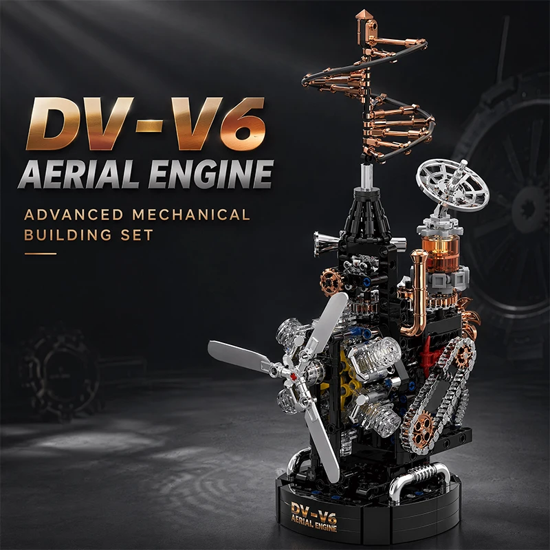 Motorized V6 Aerial Engine Mechanical MOC Building Blocks Retro Steampunk Helicopter Motor Model Assembly Bricks Toy Adult Gifts
