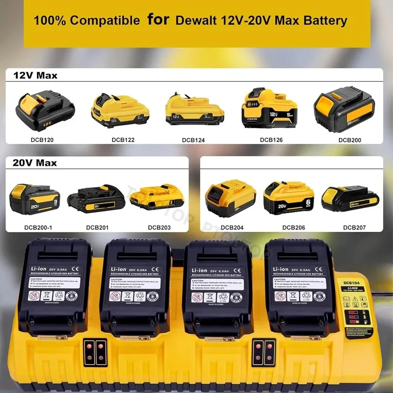 Dewalt 최대 리튬 배터리용 USB 포트 급속 충전기 교체, 4 포트 3A 전류, 12-20V, DCB104, DCB120, DCB127, DCB200