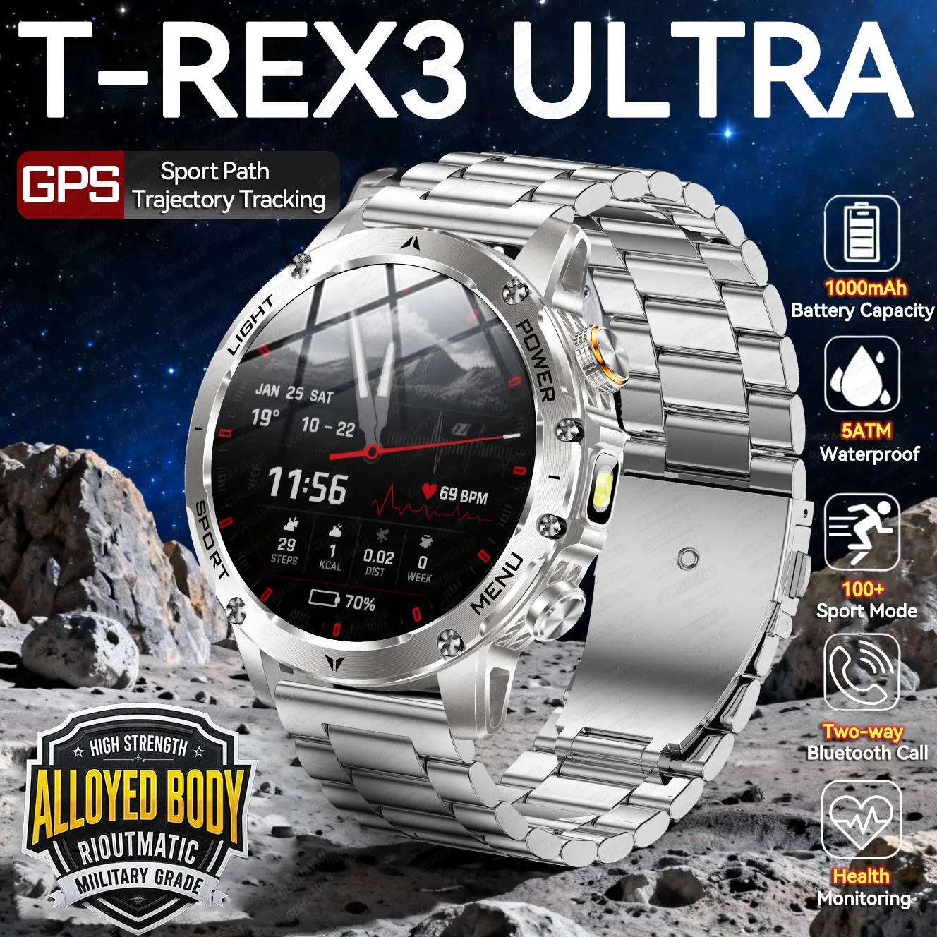 

2025 T-REX3 Military Bluetooth Call Smart Watch 1000mAh Battery Capacity 100+Sport Mode 5ATM Waterproof Sports Smartwatches Men