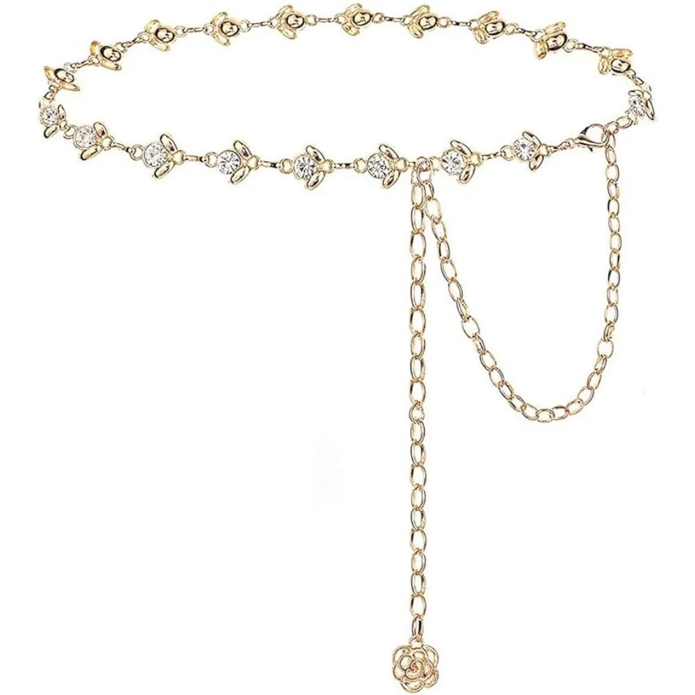 Rhinestone Chain Belt Waist Chain Metal Body Chain for Dress Gold