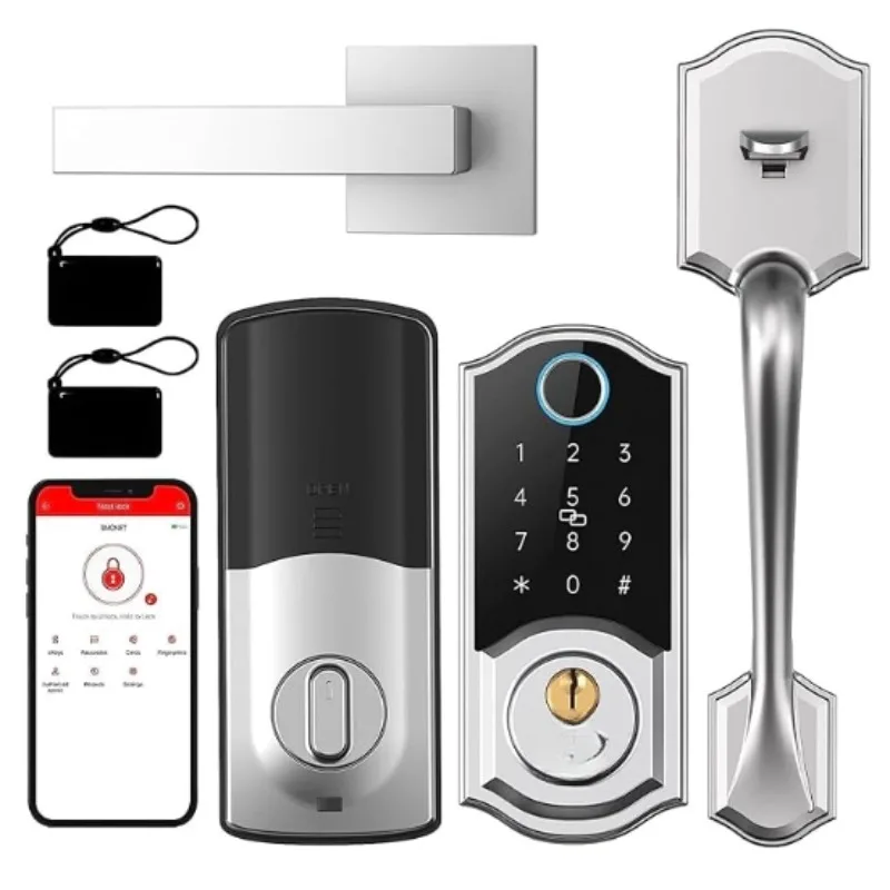 Keyless Entry Door Lock Deadbolt with Handle Set - SMONET Fingerprint WiFi Smart Locks, Digital Remote Control Keypad Bluetooth