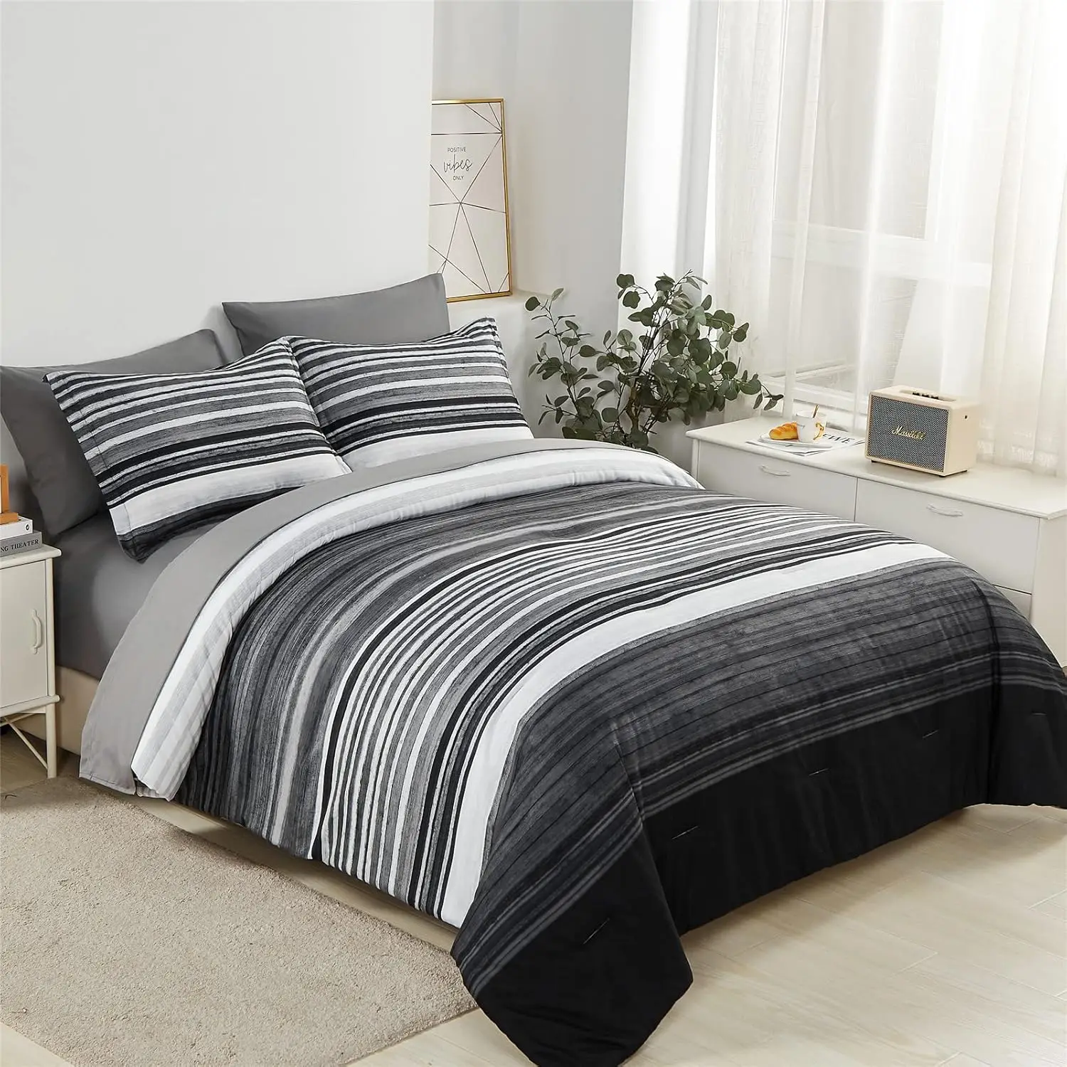 

7 Piece Stripe Comforter Set Queen Size, White Grey Black Patchwork Bed in a Bag with Sheet Set, Soft Microfiber All Season