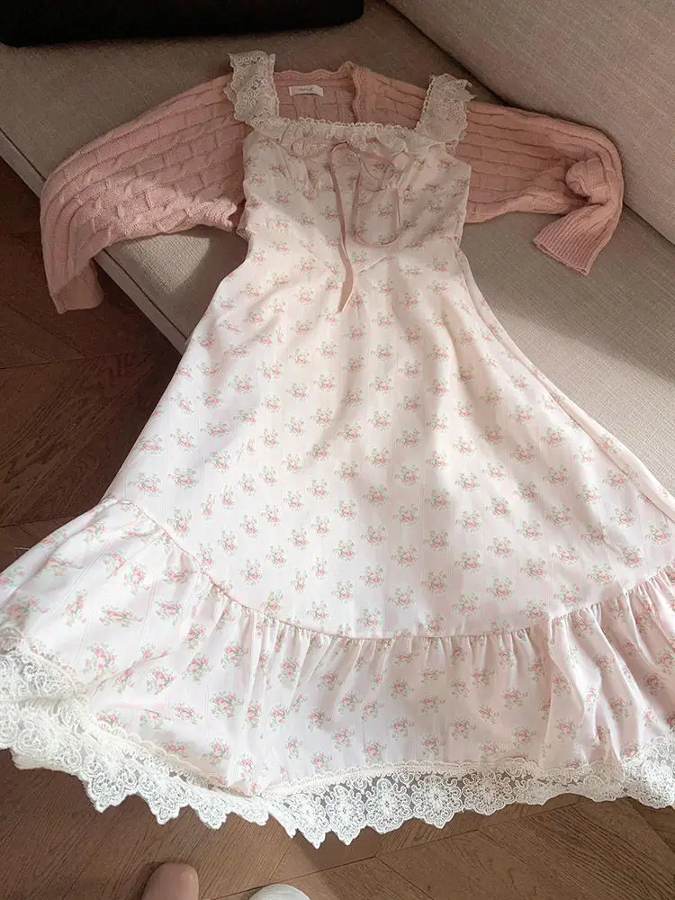 

France Sweet Warm Patchwork Print Dress Women Vintage Fashion Elegant Lace Sling Dresses Female Pretty Fairy Thin New Clothing