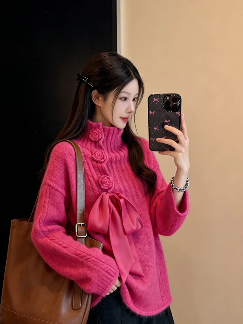 

Уникальный красивый корейский короткий вязаный розовый свитер-топ для ношения под одеждой, с эффектом роскоши, для повседневной носки, свободного кроя, с узлом