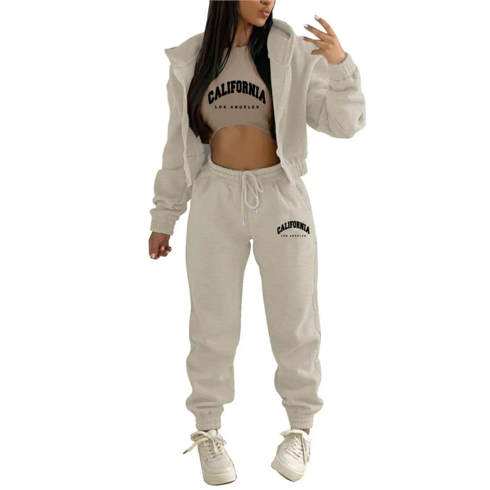 Autumn And Winter New Fleece Hoodie Letter Print Hooded Women\'s Suit Fashion Loose Casual Sports Pants Female 3 Piece Set 2024