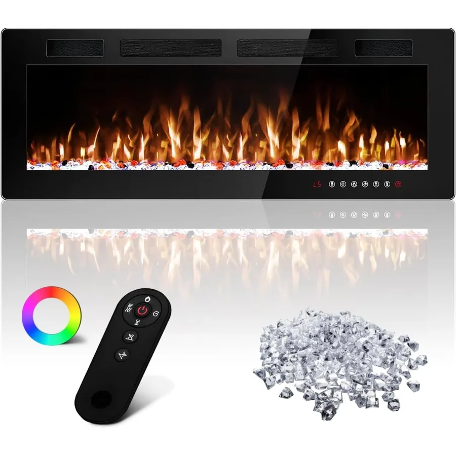 

50-дюймовые электрические каминные вставки, ультратонкие линейные электрические каминные обогреватели мощностью 750/1500 Вт, настенный или встраиваемый с регулируемым креплением