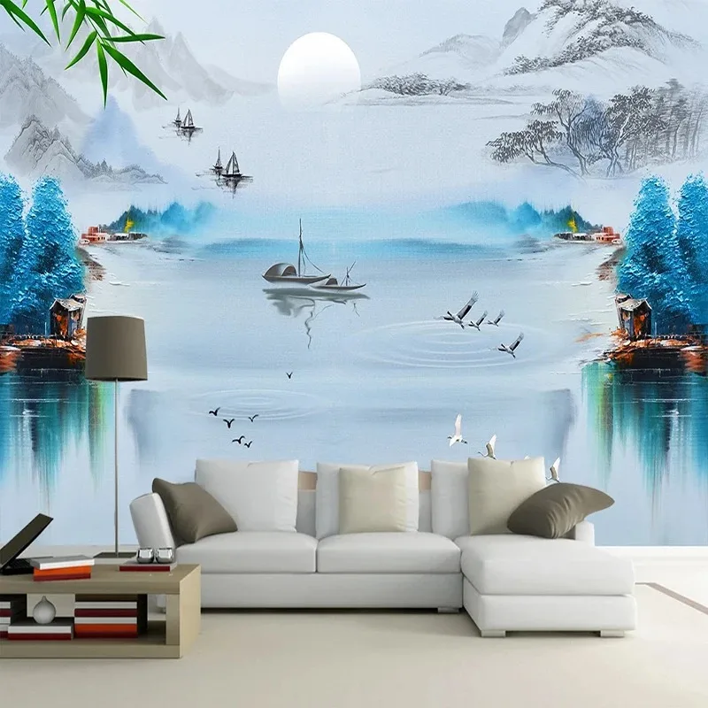 Custom Photo 3d Wallpaper Chinese Style Creative Ink Landscape Bird Blue Abstract Background Home Decorative Painting 3D Murals