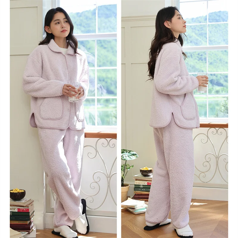 

Winter Thickened teddy Fleece Pajamas Women's Warm Home Clothes Home Suit Two-Piece Set Cozy Sleepwear Set