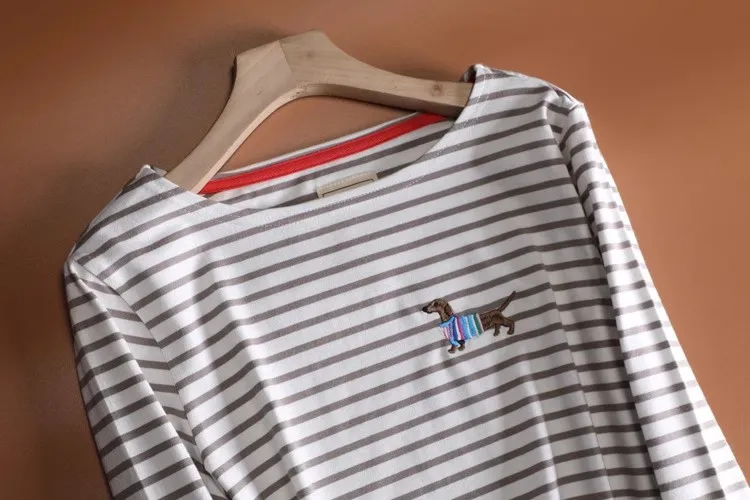 Dachshund Embroidered Stripesd Round Neck Women's Pure Cotton Long-Sleeved T-Shirt Spring & Fallжug Bet Футбо (30) Впылоску