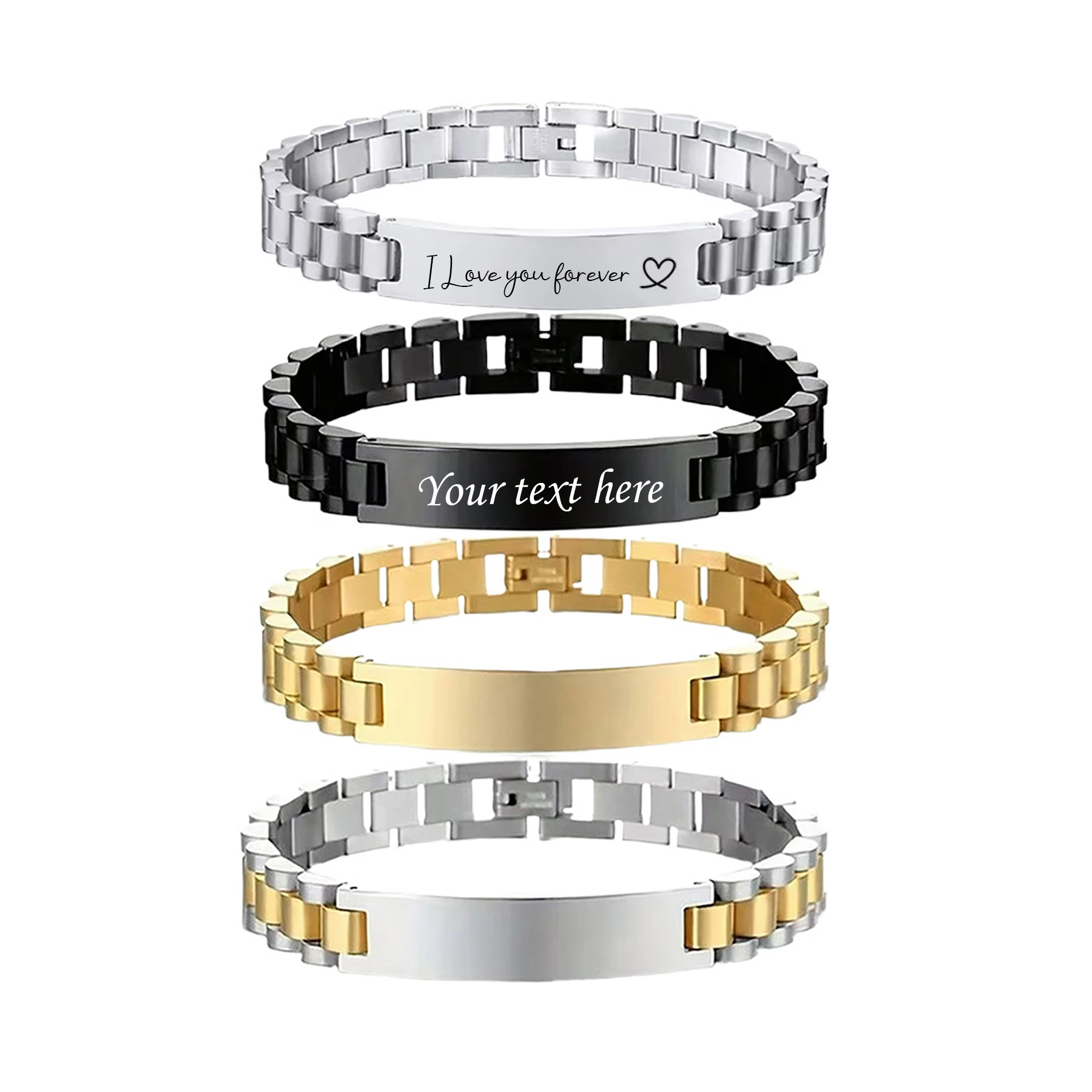 

Stainless Steel Punk Bracelet Engraved Text Name Personalized Watch Chain for Men Women Memory Jewelry Gift Hypoallergenic