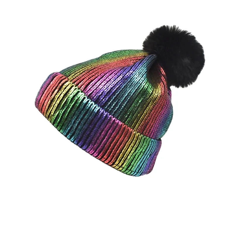 Women Girls Winter Warm Metallic Shiny Knitted Crochet Beanie Hat With Pom Pom Silver Gold With Fur Balls Thick Caps Y2K 2023