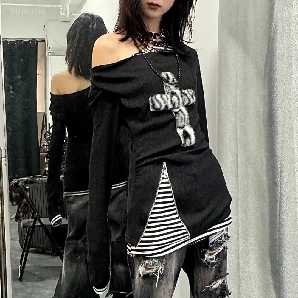 Leopard Print Women's T-shirts Fake Two Ropa mujer Stripe Long-Sleeve Clothes Y2K Street Hot Girl Tops Gothic Roupas Feminina