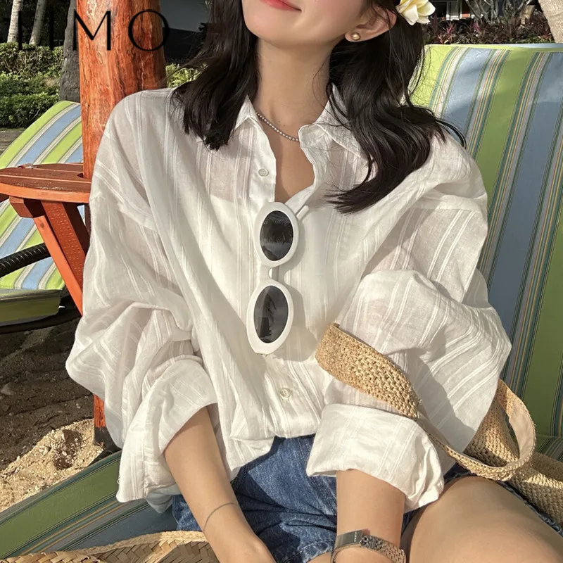 

LIMO Elegant White Striped Linen Shirt Women’s Casual Sun Protection Blouse Trendy Textured Designer Top Chic Summer Fashion