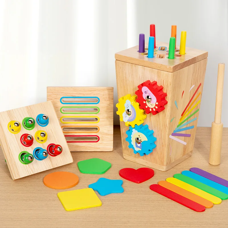 صندوق فرز الألوان الخشبي متعدد الوظائف 5 في 1 - التعرف على الألوان في مرحلة الطفولة المبكرة والمهارات الحركية الدقيقة والتعليم المعرفي