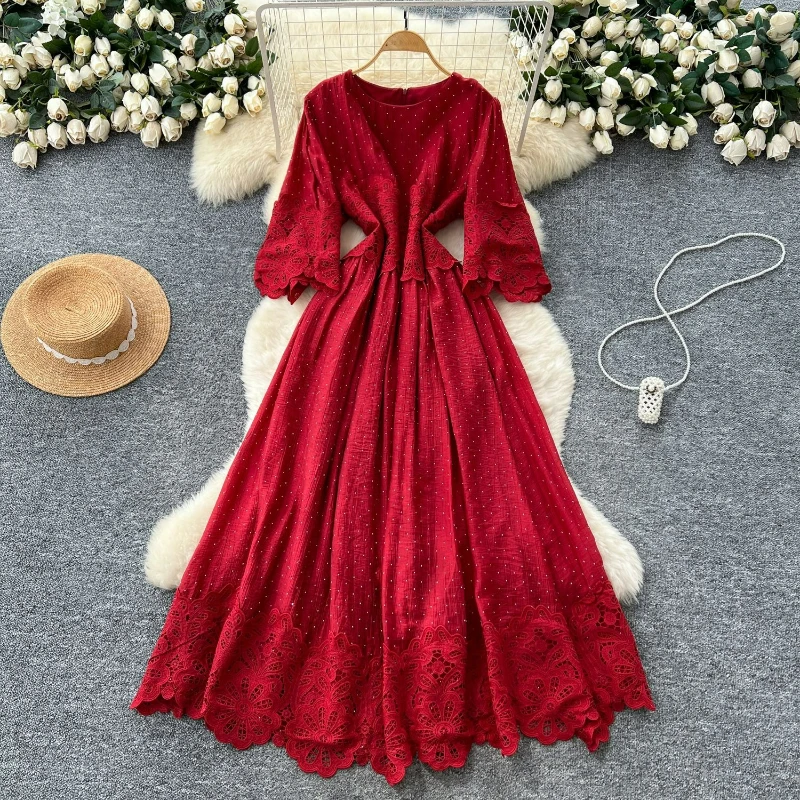 

Vintage Dress Women Hollow Lace Spliced Long Dresses A Line Solid Round Neck Tight Waist Vestidos Casual Lady Summer 2025
