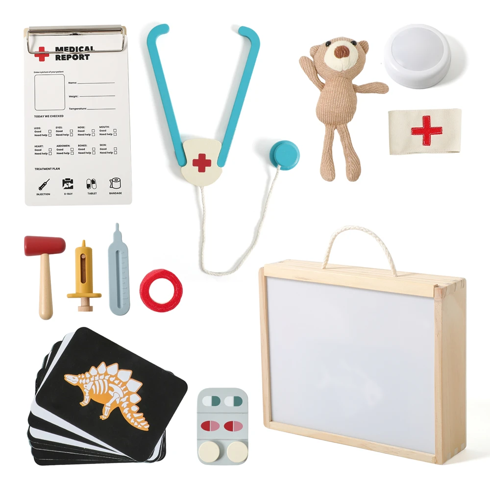 Pretend Play Doctor Kit for Kids Light Up X Ray Table Wooden Box Silicone Tools Stethoscope Thermometer Plush Bear Medical Toys