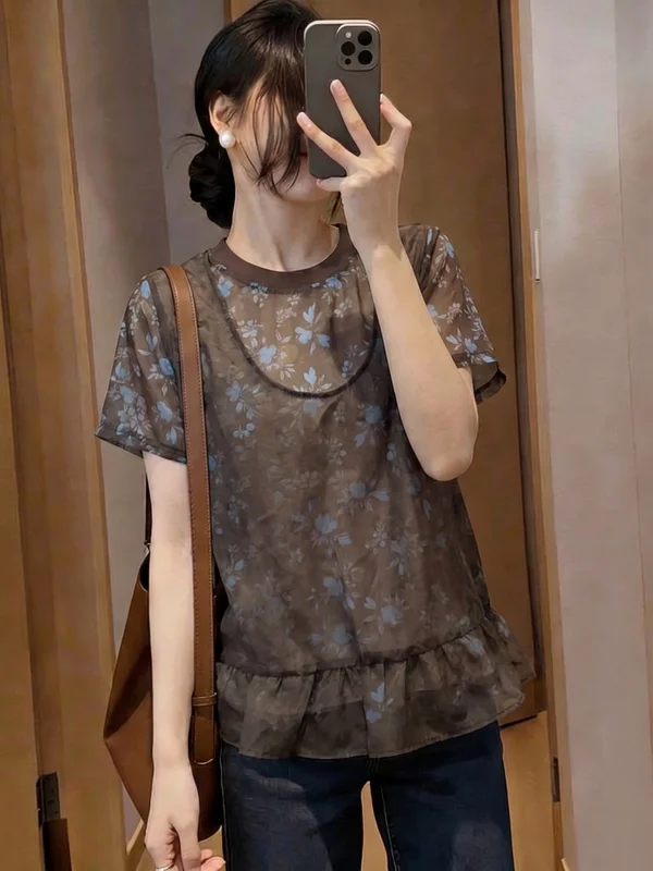 

Floral Print Chiffon Short Sleeve T-Shirt Women's plus Size Summer New Style Korean Version Casual Comfortable Top