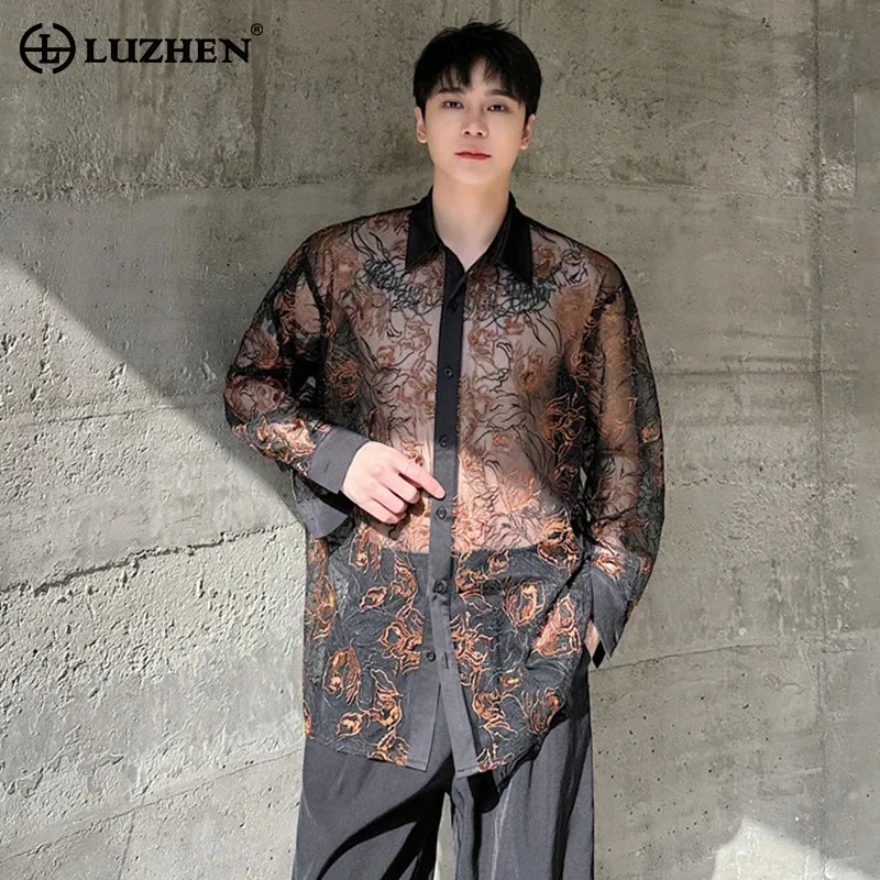 

LUZHEN Print Pattern Perspective Design Long Sleeved Shirts Thin Translucent Men's Personalized Trendy High Quality Tops LZ4992